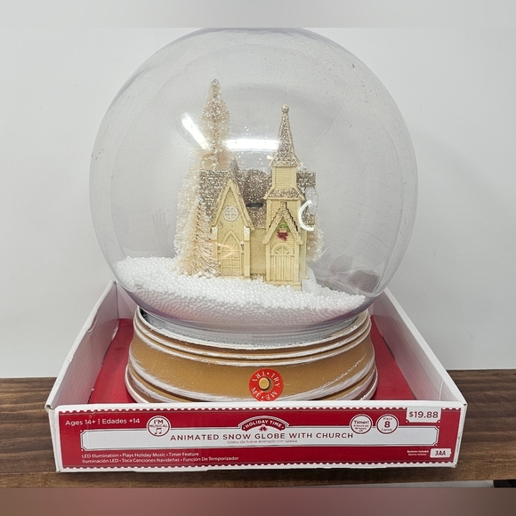 Holiday Time Animated Snow Globe with Church - Gold and White - Picture 1 of 11